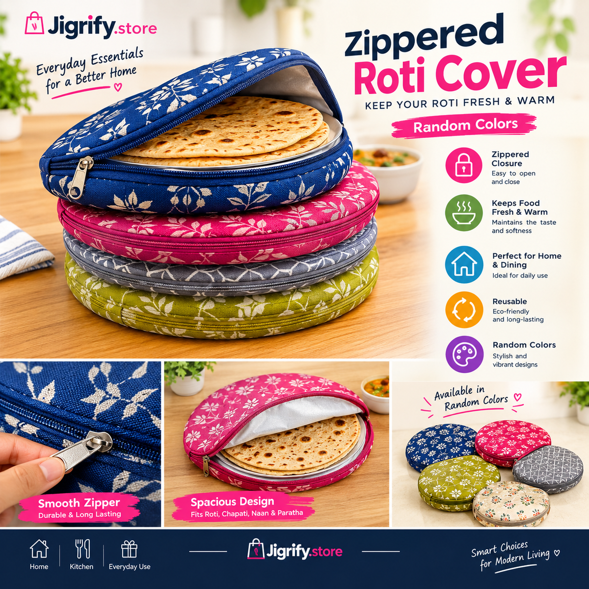 Zippered Roti Cover ( Random Colors ) Y-001