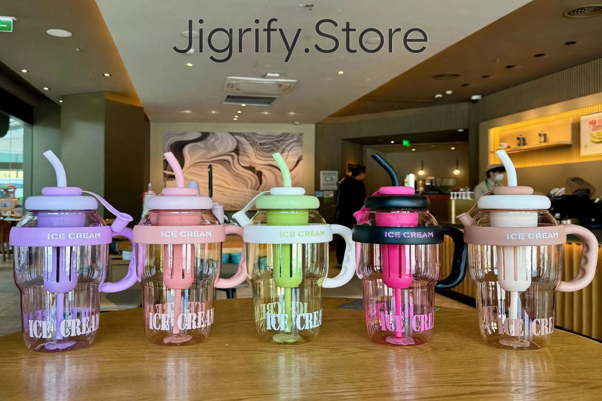 Large Ice Cream Water Bottle with Straw & Tea Infuser