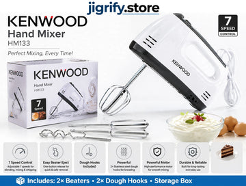 Electric Kenwood Hand Mixer with 7 Speed Egg Beater and Chrome Beater + Dough Hook H-009