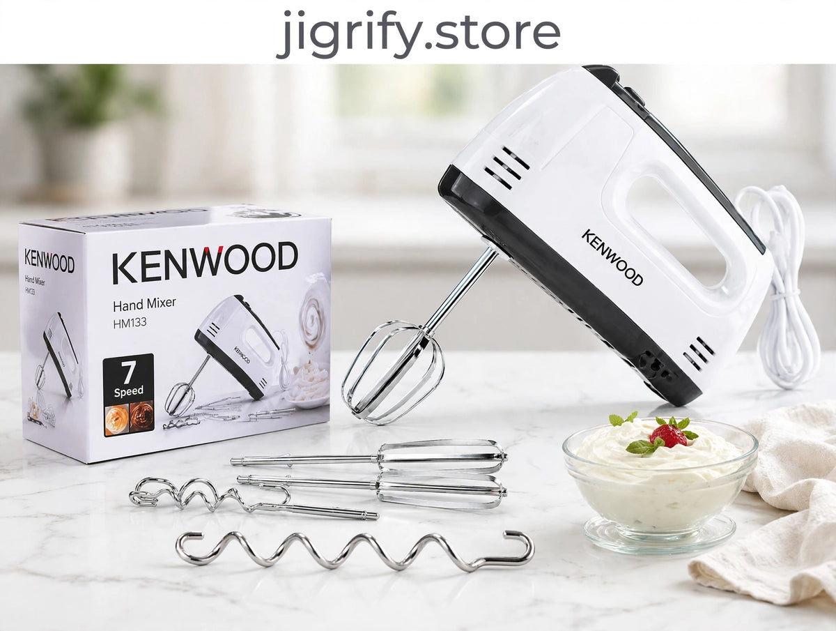 Electric Kenwood Hand Mixer with 7 Speed Egg Beater and Chrome Beater + Dough Hook H-009