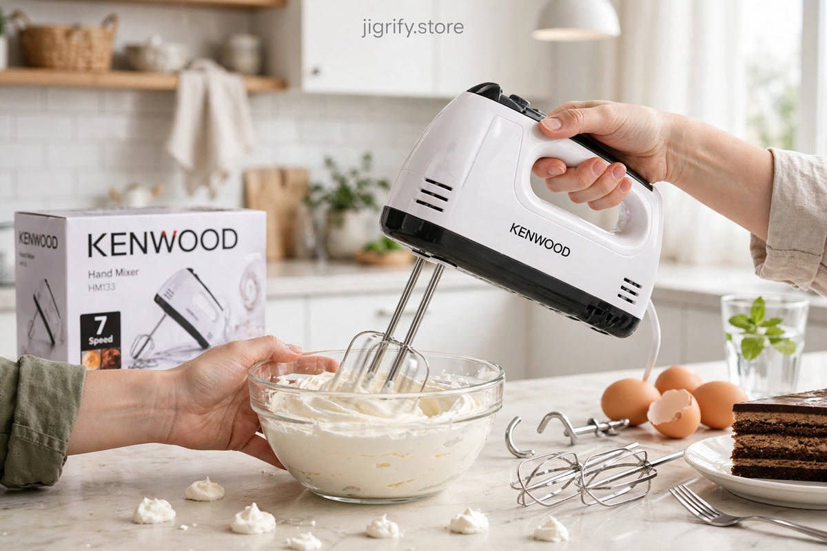 Electric Kenwood Hand Mixer with 7 Speed Egg Beater and Chrome Beater + Dough Hook H-009