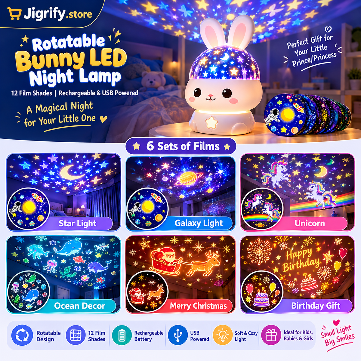 🐰 Rotatable Bunny LED Night Lamp – 12 Film Shades Y-0013
