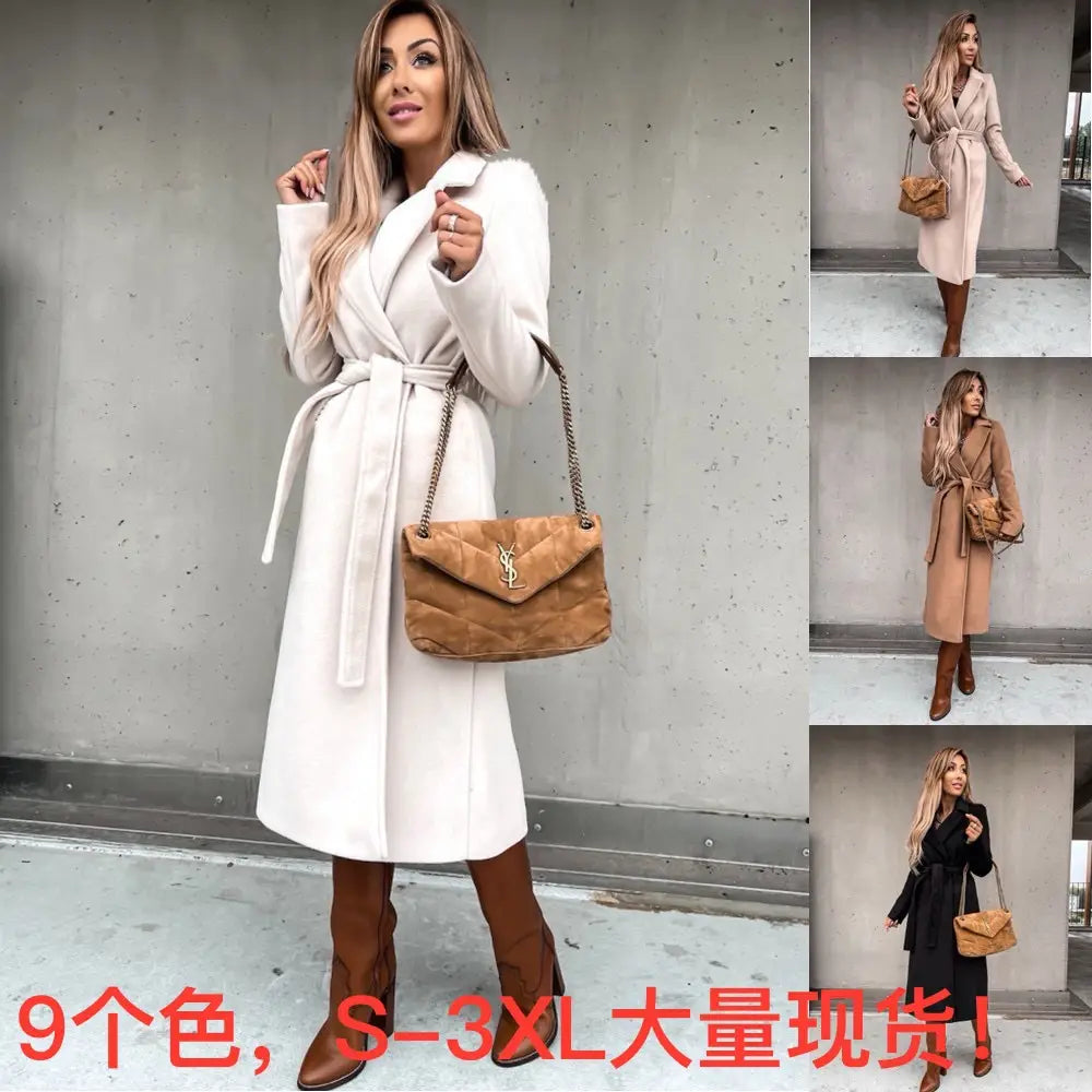 Women Woolen Belted Coat White Camel Black S-3XL M-003