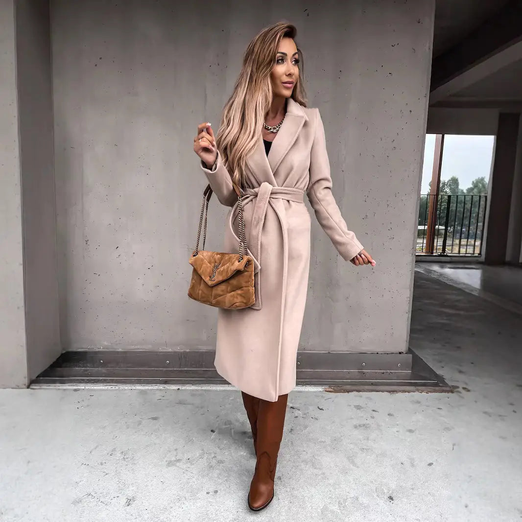 Women Woolen Belted Coat White Camel Black S-3XL M-003