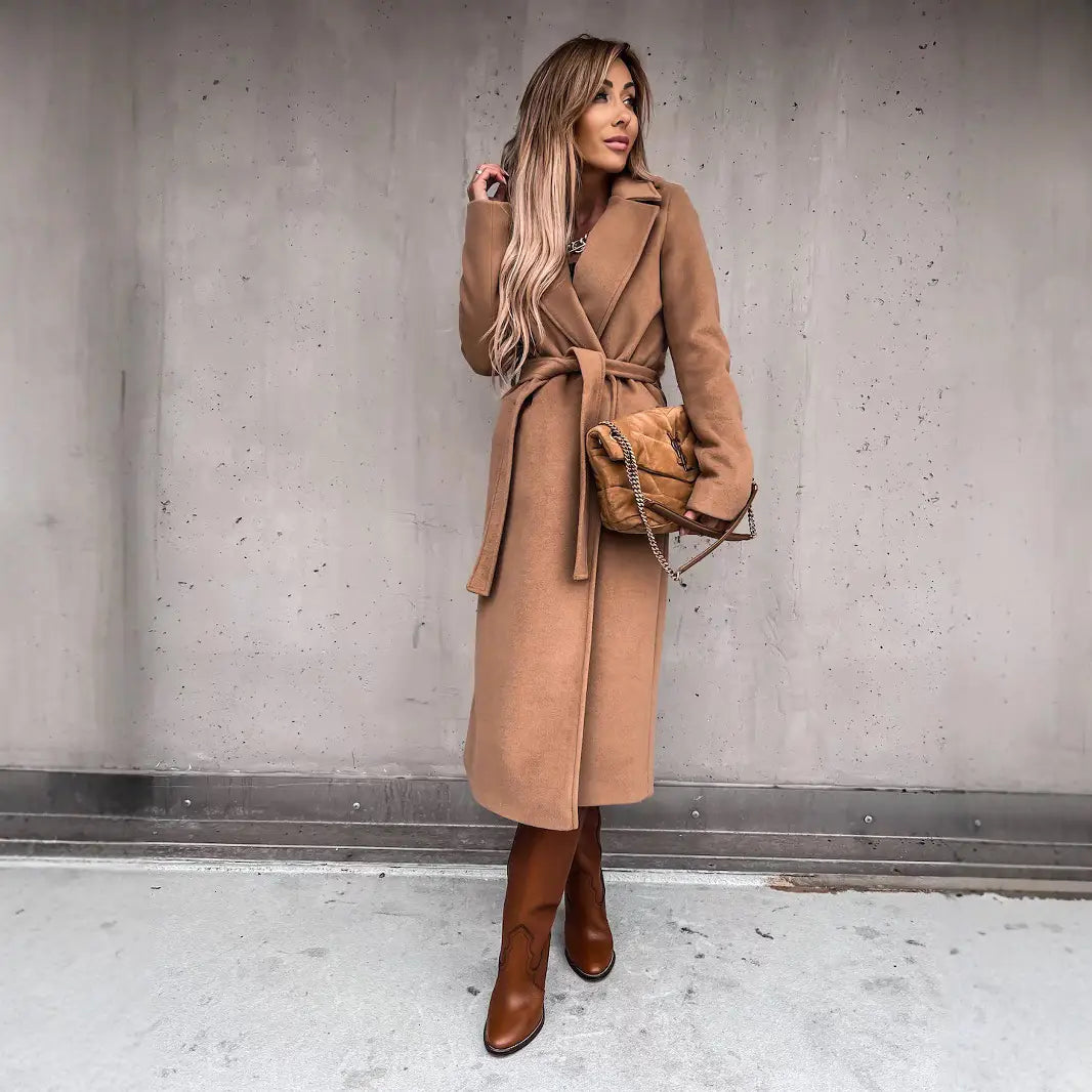 Women Woolen Belted Coat White Camel Black S-3XL M-003