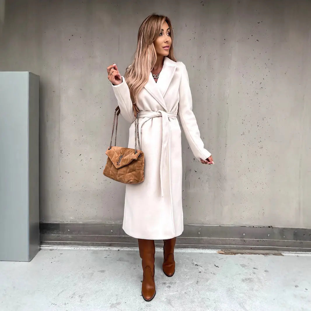 Women Woolen Belted Coat White Camel Black S-3XL M-003