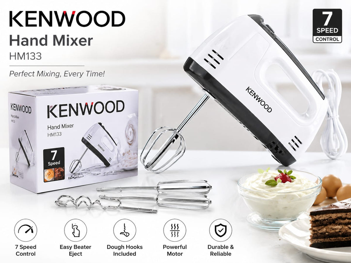 Electric Kenwood Hand Mixer with 7 Speed Egg Beater and Chrome Beater + Dough Hook H-009