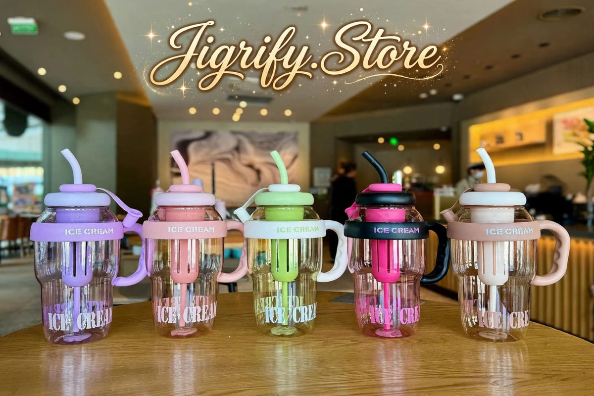 Large Ice Cream Water Bottle with Straw & Tea Infuser